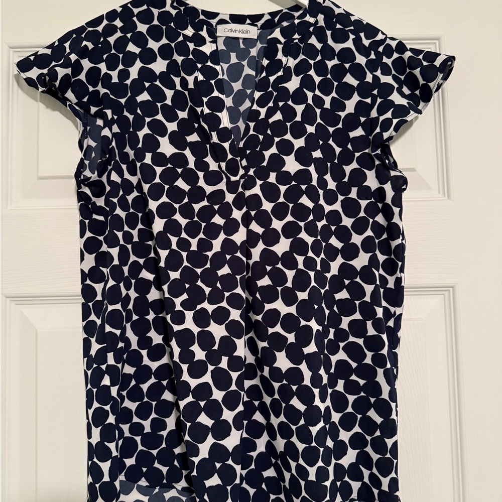 Calvin Klein Navy and White Polka Dot Blouse